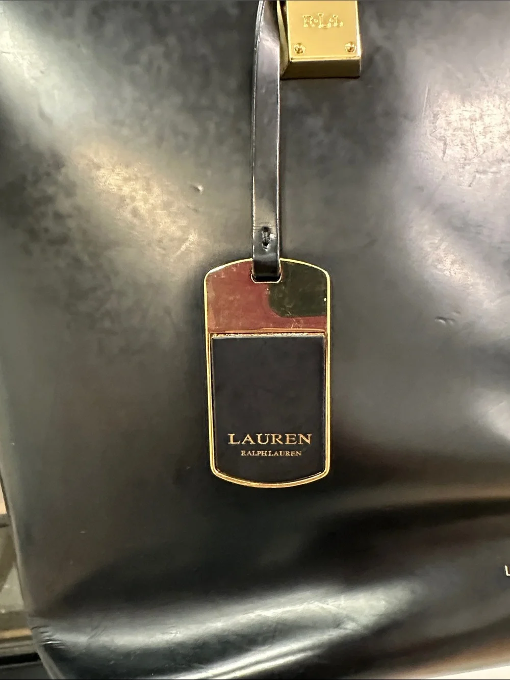 Lauren Ralph Lauren Black Leather Tote with Gold Accents
